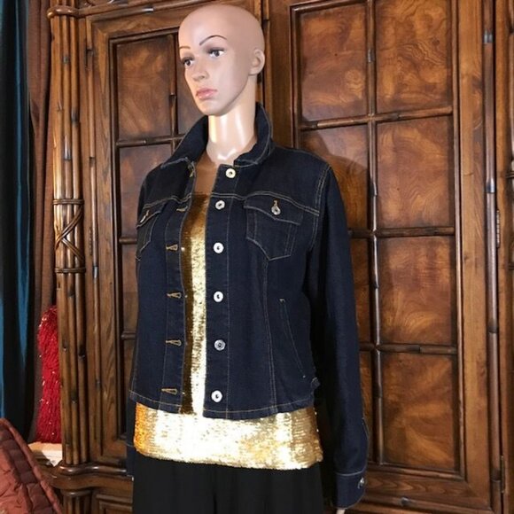 NWOT Du Jour Dark Wash Curved Ruffle Back Stretch Cotton Blend Denim Jacket - Picture 3 of 14